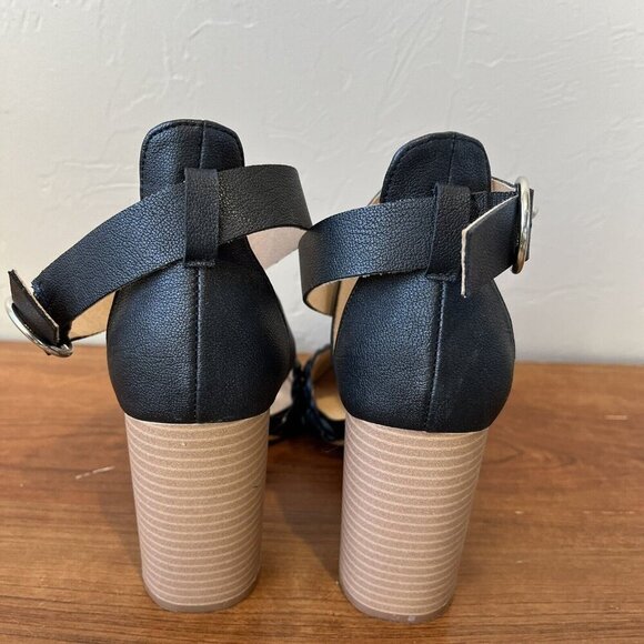 Bohme Zoey Black Heel Woven Boho 8.5 Pointed Strappy Leather Chunky Criss Cross - Picture 5 of 7